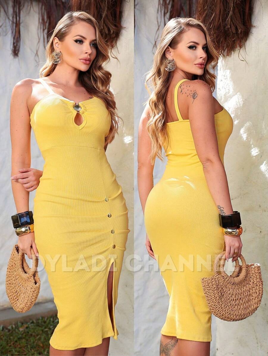 Midi Dress In Ribbed Cotton With Elastic Button, Side Slit, And Stylish For Summer. Women's Fashion. - Yellow - View 1
