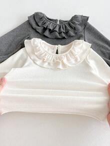 3pcs Baby Girl Sweet Peter Pan Collar Undershirt, Ditsy Floral Vest, Ruffle Pants Set, Autumn