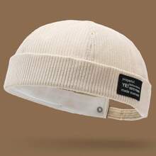 Mũ len nhung kẻ unisex phối da, mũ beanie màu trơn kiểu Nhật, mũ tang cổ điển, phù hợp cho cả nam và nữ, phong cách Hàn Quốc thường ngày cho mùa thu/đông. - A - Xem 10