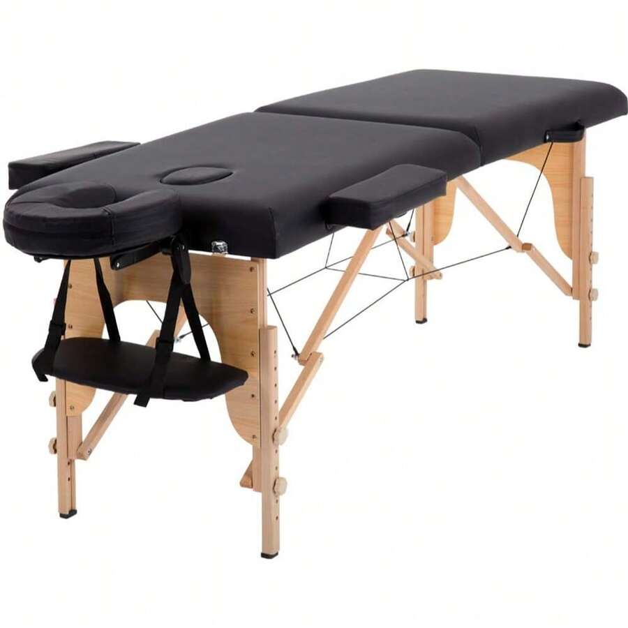 Massage Table Portable Portable Massage Bed 2 Section Long Foldable Tattoo Bed W/Carrying Case Height Adjustable Sturdy Wooden Frame,Solon&Facial Care Spa Lash Bed - màu đen - Xem 1