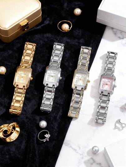 CARYINO 1pc Classic Square Dial Women's Watch With Elegant Strap, Gold & Silver Colors, Minimalist & Compact Design, Suitable For Daily Wear, Dates, Birthday Gifts