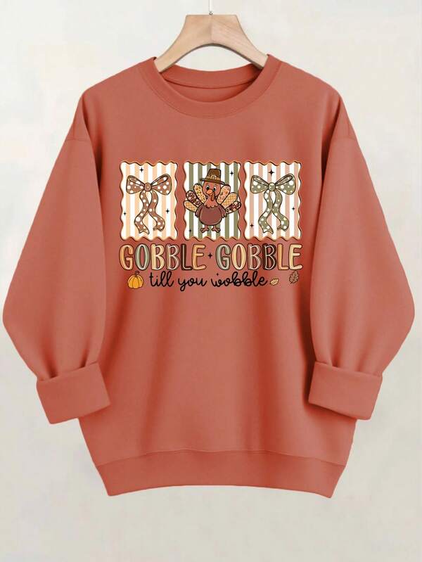 Women's Autumn And Winter Turkey Graphic And Gobble Slogan Long Sleeved Crew Neck Sweatshirt, Casual Loose Versatile Style Orange Top, Fashionable Thanksgiving Clothing For Women, Suitable For Daily And Holiday Wear, Thanksgiving Atmosphere