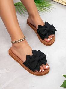 Women's Casual Slip-On Sandals With Bow Decor, Suitable For Hotel, Swimming Pool, Spa, Party, Lightweight And Comfortable Indoor Slippers, Black And Brown Colors - Black - View 4