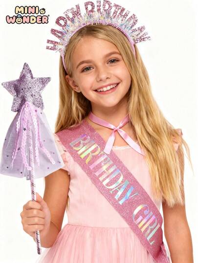 Set de 3 piezas: Tocado para niñas de cumpleaños, diadema corona de cumpleaños feliz, decoración y regalo de cumpleaños - Faja de cumpleaños rosa y varita mágica con estrella favorita
