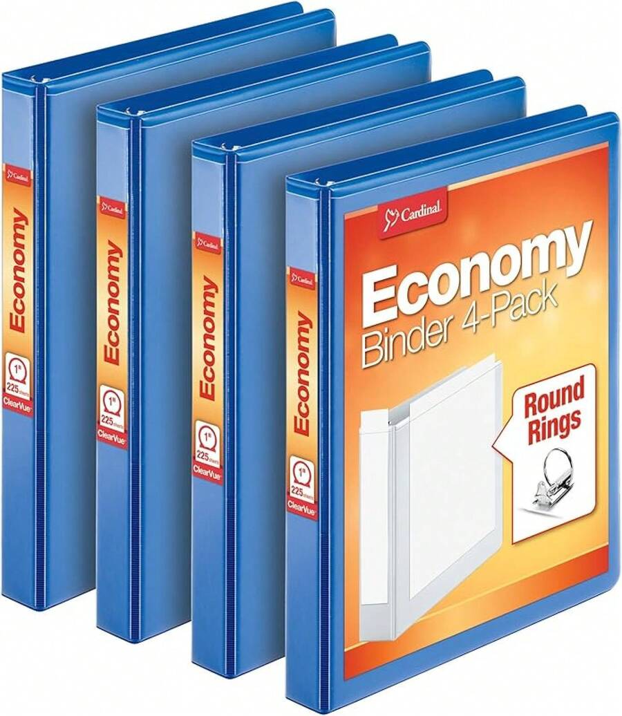Almacenamiento de archivos Cardinal Economy 79510 Archivadores de anillas redondas, 2.54, 4 unidades, Negro, 1 pulg. IWND - Negro - Ver 1
