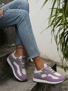 Women's Retro Patchwork Casual Sneakers, Lace-Up Front, Versatile Style Trainers - Purple - View 2