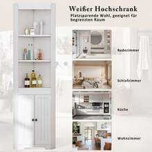 Tall Bathroom Cabinet, Three Open Shelves, Moisture-Proof Wing Doors, Movable Insert Shelves, Simple Design, White - White + MDF - View 8