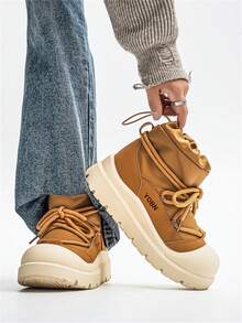 男士厚底高帮运动鞋 时尚保暖内衬户外雪地靴 多功能系带鞋 - 棕色 - 查看 3