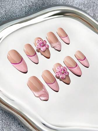 Almond Nails French Handmade Press-On Nails With Multicolor Rhinestones, Gold Beads & 3D Floral Carving Accents, Hand-Painted Y2K Artistic Floral Patterns & Abstract Designs - Full Cover Glossy Artificial DIY Nails, False Nails For Parties, Beach Holidays, Daily Wear, Work Events, Weddings And Special Occasions - 10pcs/Bag