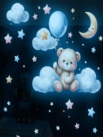 1 pieza Pegatina de pared de oso de peluche azul que brilla en la oscuridad con estrellas y robot - Vinilo reutilizable y lavable para sala de estar, dormitorio, estudio - Tema nocturno caprichoso, decoración del hogar con oso