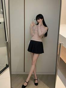 YEAE | 女士高弹针织露肩长袖上衣，常规长度，露肩设计 - 粉色 - 查看 5