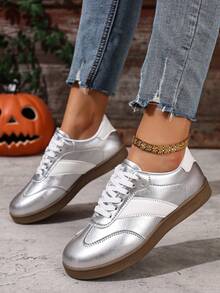 女士休闲平底运动鞋，秋季新款，百搭舒适运动鞋 - 銀色 - 查看 1