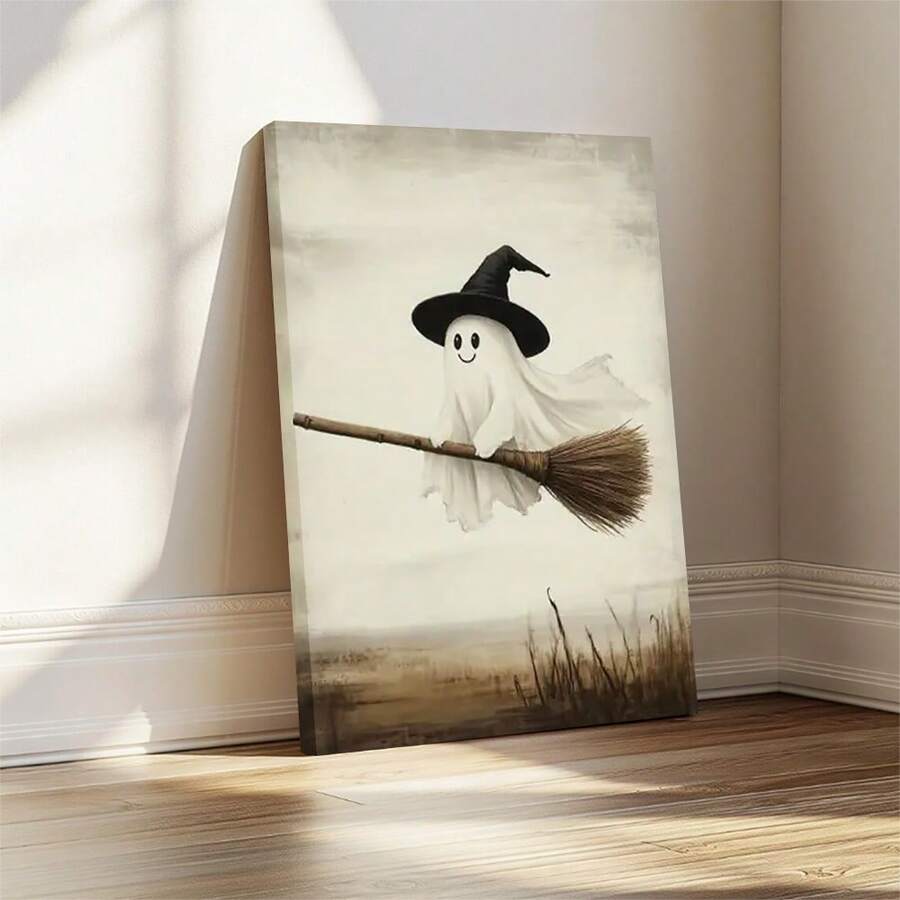 2D Flat Printing, 1pc, A Cute Cartoon Ghost Wearing A Witch Hat Flying Happily On A Broomstick Against A Misty Sky With A Distant Horizon Line Creating A Whimsical And Friendly Mystical Scene, Canvas Wall Art For Living Room, Bathroom Wall Art Bedroom Framed Wall Art Poster Art Prints Ready To Hang Pictures Home Decorations Wall Decor For Office
