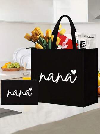 2pcs/Set Printed With The "Mama" Pattern Tote Bag Set: Lightweight Shopping Bag With Mini Coin Purse .Travel Makeup Bag: Very Suitable For Outdoor Beauty! It Is A Great Gift, Suitable For Mothers, Teachers, Friends, Portable Leisure Storage Handbags, Multifunctional Shopping Bags, New Design, Ideal Choice For Shopping, Shoulder Bags,