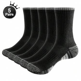 5 Pairs Men Walking Hiking Athletic Crew Socks Cushioned Work Socks Boot Socks Sports Socks For Men Black Grey White