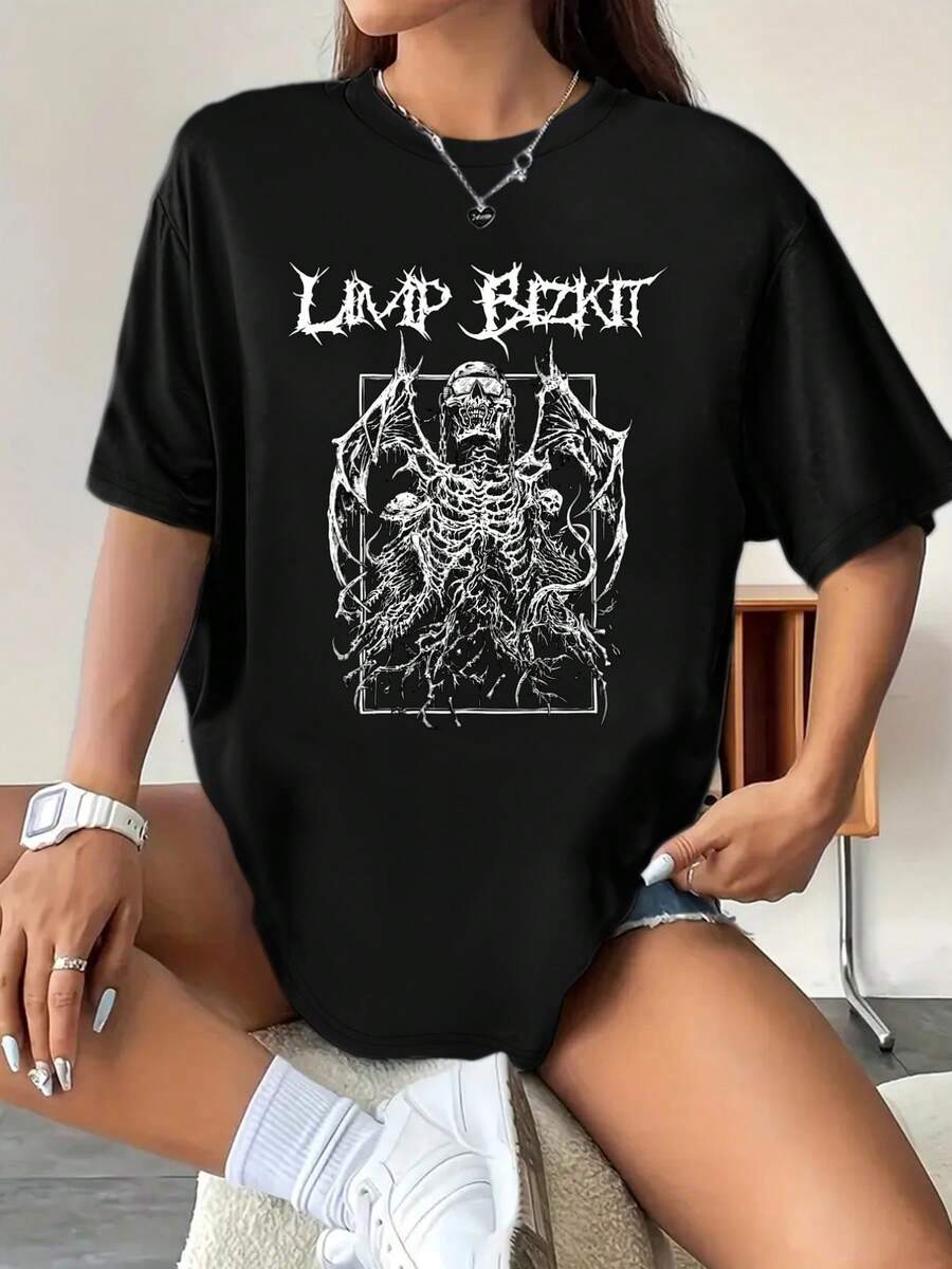 T-shirt squelette Limp Bizkit en coton doux, coupe ample, respirant, style décontracté, imprimé original - Noir - Voir 1