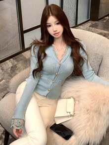 蕾丝V领金属纽扣开衫，时尚优雅的针织上衣，可外穿也可单穿，时尚初秋外套 - 霧霾藍 - 查看 5