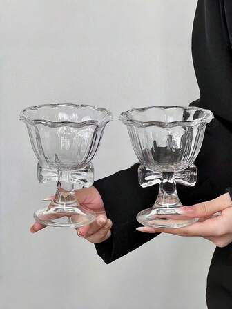 1pc Bowknot Stemmed Ice Cream Cup, Minimalist Cute Elegant Bowknot Stemmed Ice Cream Glass Cup, High Aesthetic Value Practical Dessert Cup Beverage Cup Water Cup Stemmed Cup