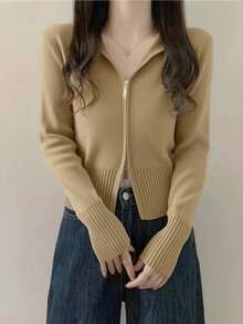 Áo khoác cardigan nữ màu trơn tối giản có khóa kéo hàng ngày - Màu Khaki - Xem 5
