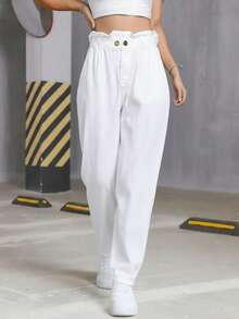 PANTALON DE GABARDINA CON ELASTICO EN CINTURA MODA, PANTALON AMPLIO, CORTE RECTO - Blanco - Ver 4