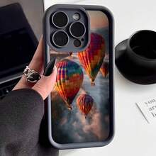Cubierta de teléfono con borde protector color gris oscuro diseño de globos aerostáticos multicolores volando en el cielo nublado para uso diario y viajes - Negro - Ver 2