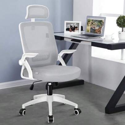 White Grey Office Chair With Adjustable Headrest And Armrest Mesh Computer Chair Swivel Executive Desk Chair Arco Series