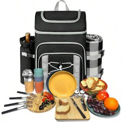 Picnic Basket Backpack For 4 Person With Blanket Insulated Leakproof Cooler Compartment Wine Holder Cutlery Set Engagement Gifts For Couples White Elephant Gift Ideas Black 36221DG