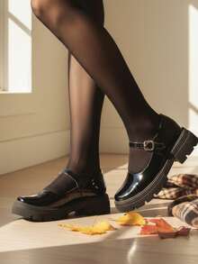 Bailarinas cuadradas para mujer, zapatos planos de piel sintética tipo Mary Jane, transpirables y casuales, elegantes y de moda, bailarinas de ante, zapatos versátiles de moda casual para mujer, para ir al trabajo y de vacaciones,zapatos para mujer,zapatos comodos de mujer, Zapatos De Estilo Mary Jane Para Mujer De Talla Grande, De Estilo Minimalista Y Preppy, De Piel Sintética (PU), Tacón Grueso, Suela Plana Gruesa Y Versátil De Color Negro Brillante,zapatos para mujer,Cómodos oxfords con elevación, zapatos para fiesta estilo británico.Regalos para mujer/mamá/niña - Negro - Ver 7