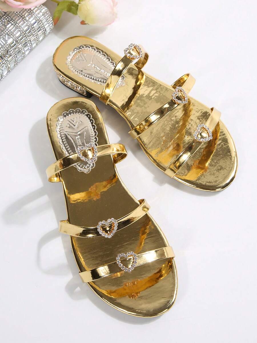 Nuevas sandalias de verano con corazón de strass, sandalias planas de moda para mujer, con punta redonda y tacón cuadrado, brillantes y de tacón bajo para uso exterior - Dorado - Ver 1
