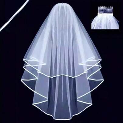 1pc Double Layer White Crystal Bridal Veil With Hair Clip