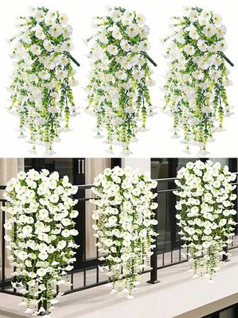 3/6pcs Artificial Hanging Flowers, 29.52in Realistic Morning Glories With Leaves, For Indoor/Outdoor Hanging Planters Decor, Wedding And Engagements Decor, Porch Garden Home Decoration, Holiday Party Decoration, Thanksgiving, All Season