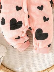 Newborn Baby Girl Clothes, Long Sleeve Fleece Heart Print Warm Jumpsuit, Autumn/Winter - Baby Pink - View 5