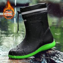 Herren Regenstiefel in Große Größen, Wintermodell, Mittelhoch, aus echtem Leder und Wildleder, wasserdicht und rutschfest mit Gummisohle - Schwarz und Grün - Übersicht 2