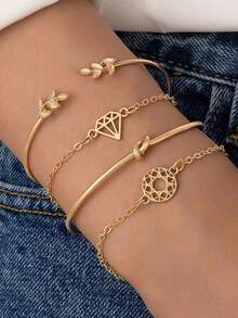 4PCS Gold Plated Bracelet Set Leaf Design Collection Diamond Accents Adjustable Minimalist Chains Stackable Jewelry Gift For Women Daily Wear Wedding Party Festival Special Occasions