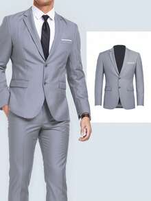 Furuyal 男士两件套西装外套，纯色西装外套领带套装，长袖，双排扣修身款/单排扣款，适合旅行、婚礼、派对、商务、舞会等场合，浅灰色，尺码 XS-3XL