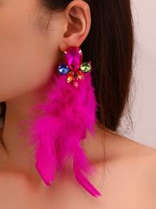 NAIZHU 1 Pair Stylish Luxury Sexy Exaggerated Feather & Rhinestone Earrings, Fashion Party Accessories, Random Feather Design