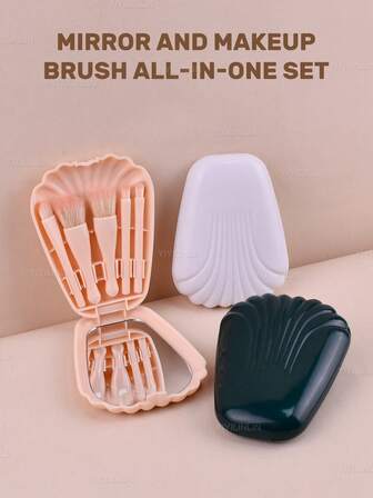 5pcs Shell Makeup Brushes Set - Foundation, Eyeshadow, Powder, Blush Brushes, With Compact Makeup Mirror, Portable For Travel