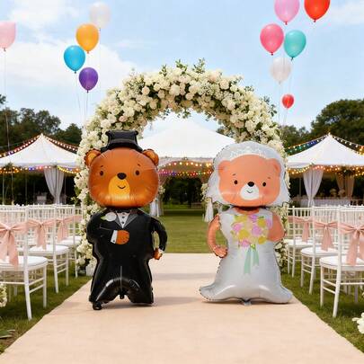 Cartoon Bride & Groom Bear Foil Balloons, Suitable For Wedding Party Decoration, Anniversary, Proposal Party, Valentine's Day And Other Holiday Party Scenes