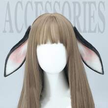 Diadema con orejas de animal realistas y cómodas, accesorio para cosplay, ideal para ferias comerciales. Diadema hecha a mano con orejas de conejo caídas y bordado en color liso. - En blanco y negro - Ver 1