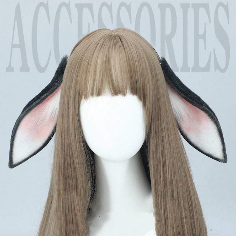 Diadema con orejas de animal realistas y cómodas, accesorio para cosplay, ideal para ferias comerciales. Diadema hecha a mano con orejas de conejo caídas y bordado en color liso. - En blanco y negro - Ver 1