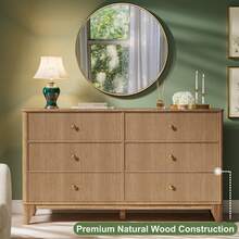 INNOD 53.1" Wide 6-Drawer Dresser, Fluted Modern Chest Of Drawers With Soft Round Corners, Wooden TV Stand For Bedroom, Living Room & Hallway Storage - Natural Oak - 查看 7