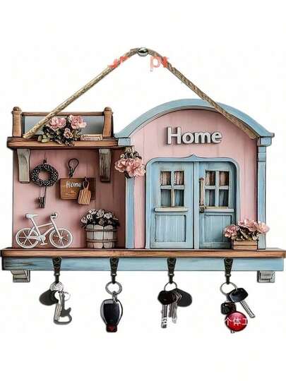 2D Plane, 1 Fairy Tale Cottage Multifunctional Wooden Key Rack With Four Metal Hooks, Wall Decor For Entryway Porch Living Room And Bedroom, Rustic Handmade Wood Organizer With Timeless Cottage Charm, Space-Saving Storage For Keys And Small Accessories, Ideal Gift For Home Decor Enthusiasts, Seasonal Accent For Spring And Summer, Gentle Natural Finish, Durable Hardwood, Easy Wall Mount, Vintage-Inspired Statement Piece For Everyday Use
