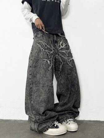 1pc Retro American High Street Embroidered Men Wide Leg Jeans, Loose Fit Casual Long Pants (Belt And Accessories Not Included)