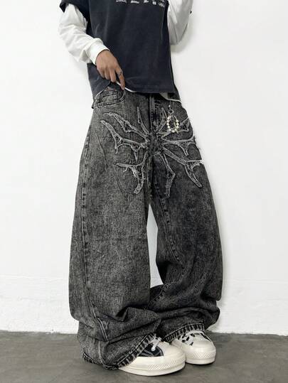 1 pieza Jeans de pierna ancha con bordado de estilo vintage americano de alta calle, pantalón casual holgado y largo (cinturón y accesorios no incluidos)