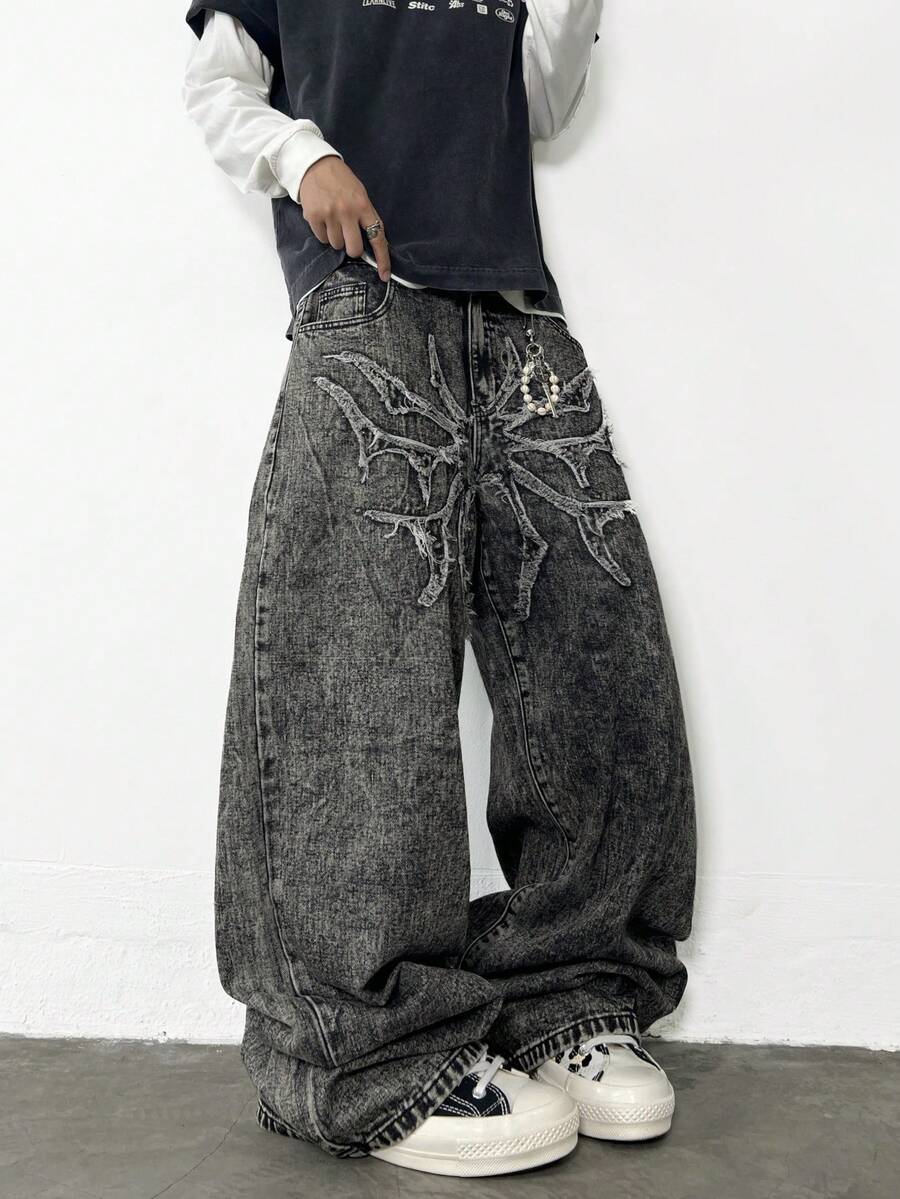 1 chiếc quần jeans ống rộng dáng suông thêu họa tiết phong cách American Vintage High Street, quần dài rộng rãi thoải mái (Không bao gồm thắt lưng và phụ kiện) - màu đen - Xem 1