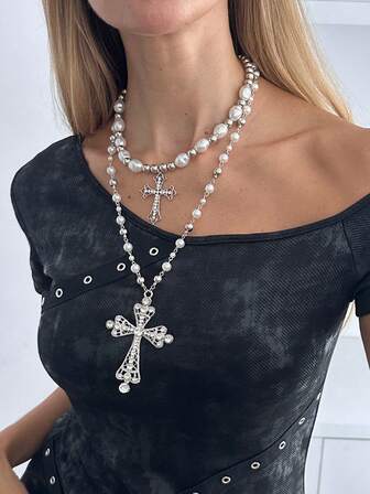 2件套奢华时尚个性化仿珍珠串珠十字架吊坠项链，适合女士日常佩戴
