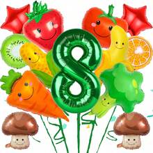 Conjunto de 32" de globos de aluminio con forma de frutas y verduras que incluye diseños de champiñón, zanahoria, brócoli, tomate, fresa, maíz, plátano, con números verdes del 1 al 9, adecuado para decoración de fiesta de cumpleaños, decoración del hogar - Multicolor - Ver 10
