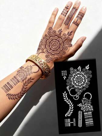 Hana Hand Drawn Tattoo Hollow Template Minimalism Hana Bride Elegant Lace Mandala Flower Pattern Sticker Suitable For Hands, Feet, Shoulders, Neck, Collarbone Semi Permanent Fake Tattoo Sticker 1 Pack