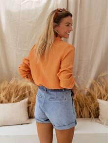 Áo sơ mi nữ dài tay dáng suông thanh lịch, chất liệu nhăn nhẹ, thích hợp mặc đi làm, mùa xuân/hè. - trái cam - Xem 2