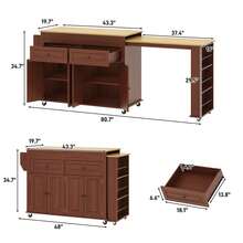 80"-48" Extendable Kitchen Island With Extended Dining Table And Power Outlet,Large Mobile Kitchen Storage Islands With 2 Storage Drawers,Rolling Islands Cart With 3 Extra Rows Open Shelves - View 3